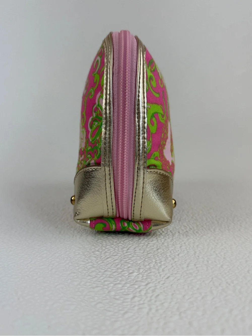 Lilly Pulitzer Pink Green Print Cosmetic Makeup Bag Zip Pouch Gold Tone Metallic